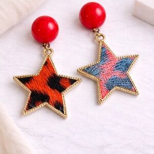 Red Star Statement Earrings Leopard Print Pattern Bold Trendy Drop Earrings